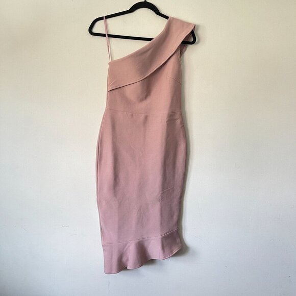 Few Moda Size L Pink One-Shoulder Asymmetrical Ruffle Hem Midi Dress Bodycon - Picture 7 of 15